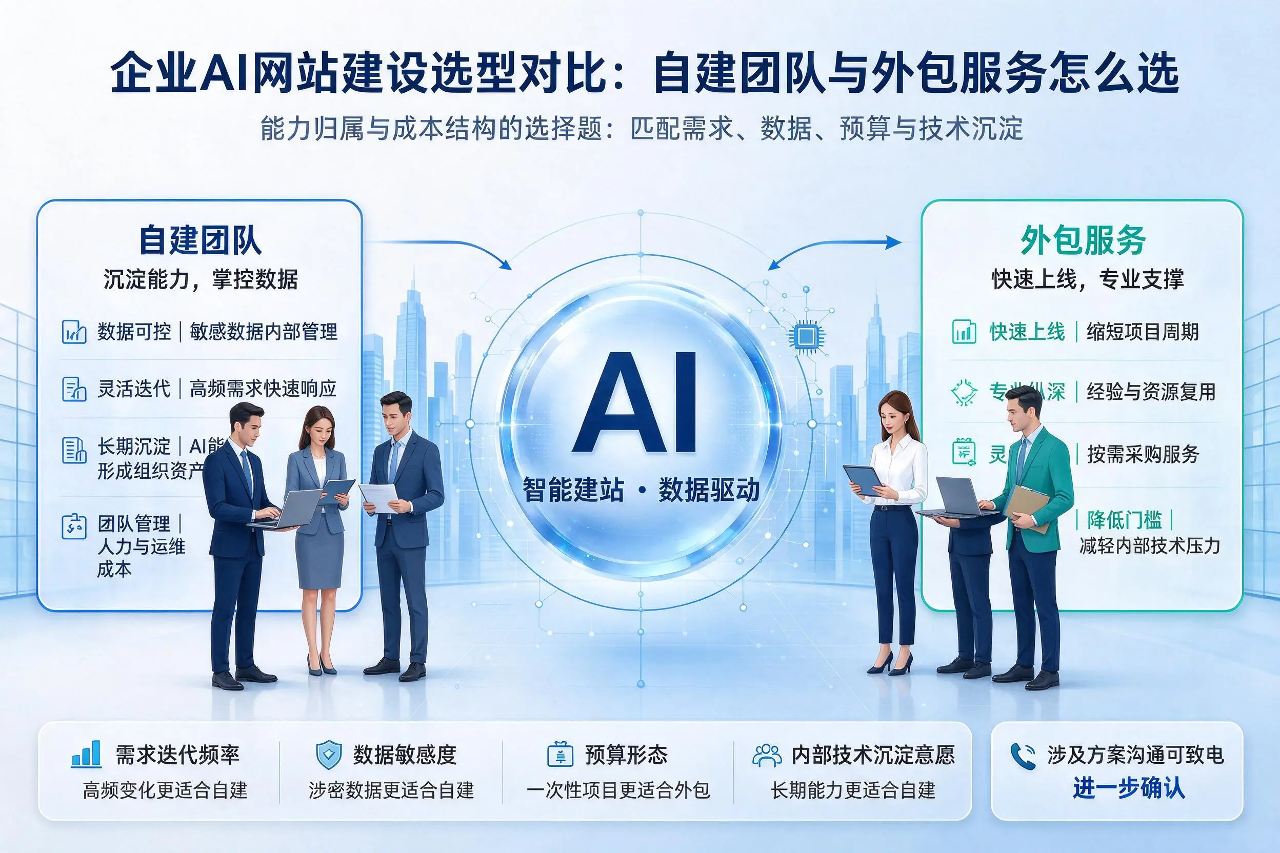北京企业AI网站建设选型对比：自建团队与外包服务怎么选